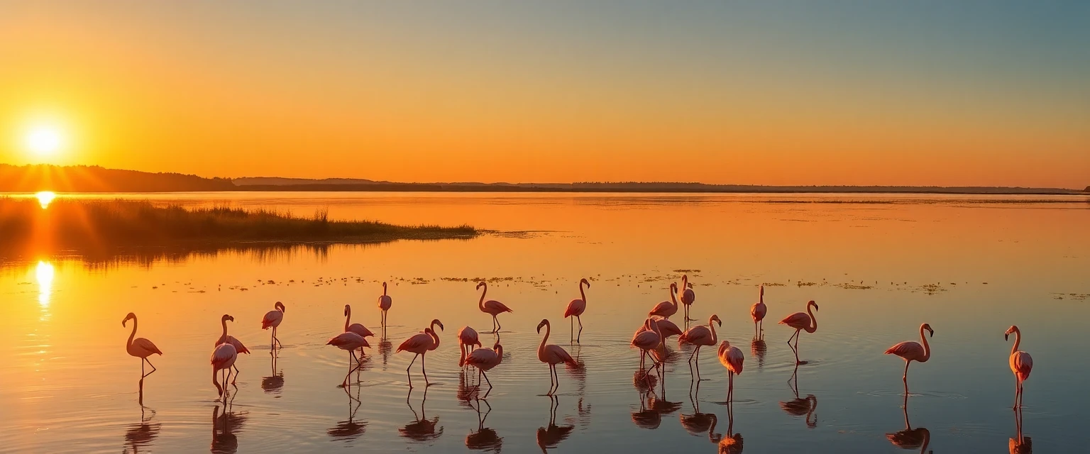 Étang de Vendres au coucher du soleil, reflets dorés sur l'eau, flamants roses en premier plan, style photographie nature