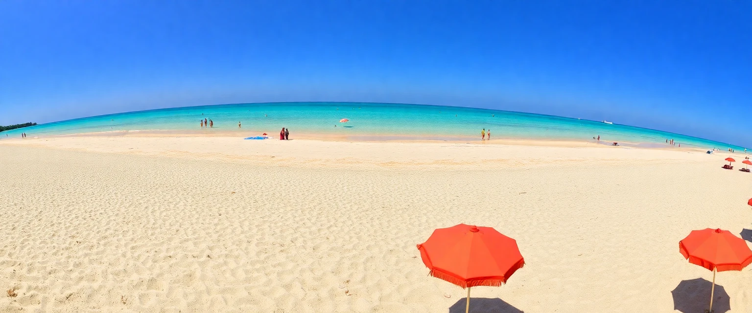 Vue panoramique de la plage de Valras, parasols colorés et mer turquoise, style photographie de vacances ensoleillée