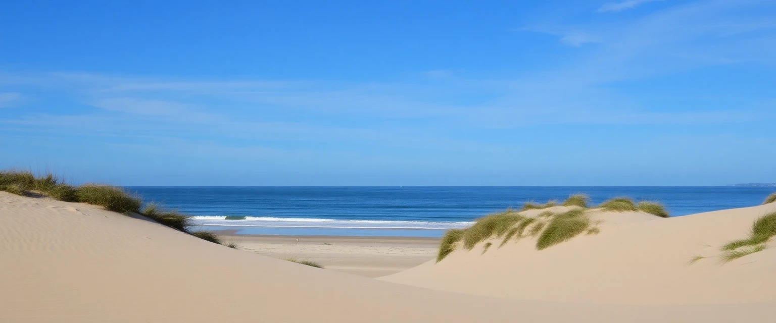 Plage sauvage de Sérignan-les-Plages, dunes de sable et mer calme, style photographie nature préservée