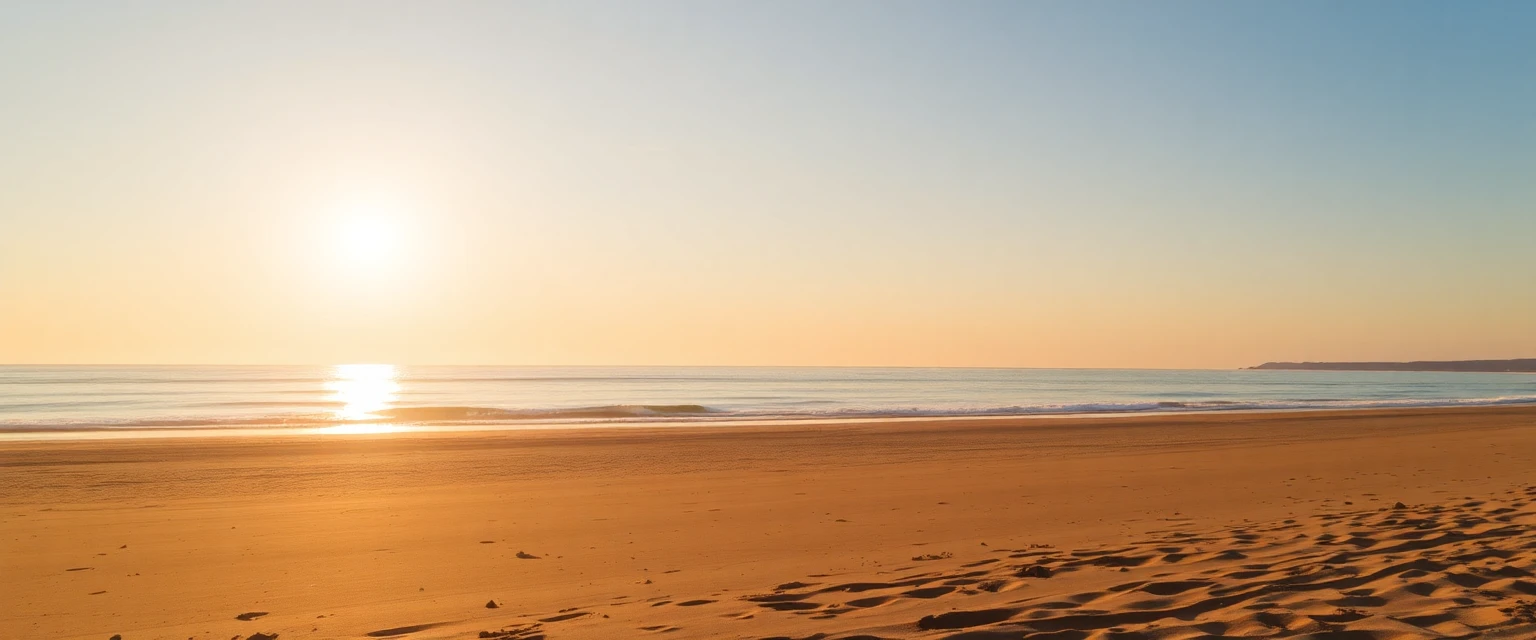 Plage de la Redoute à Portiragnes, sable doré et mer calme, style photographie de plage déserte au coucher du soleil