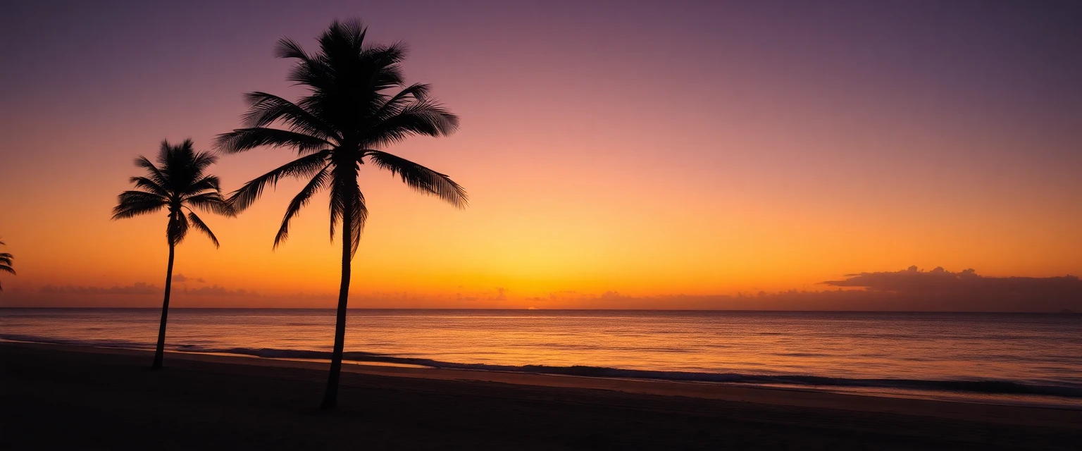 Magnifique coucher de soleil sur la plage de Valras, silhouettes de palmiers et reflets dorés sur l'eau, style photographie romantique de vacances