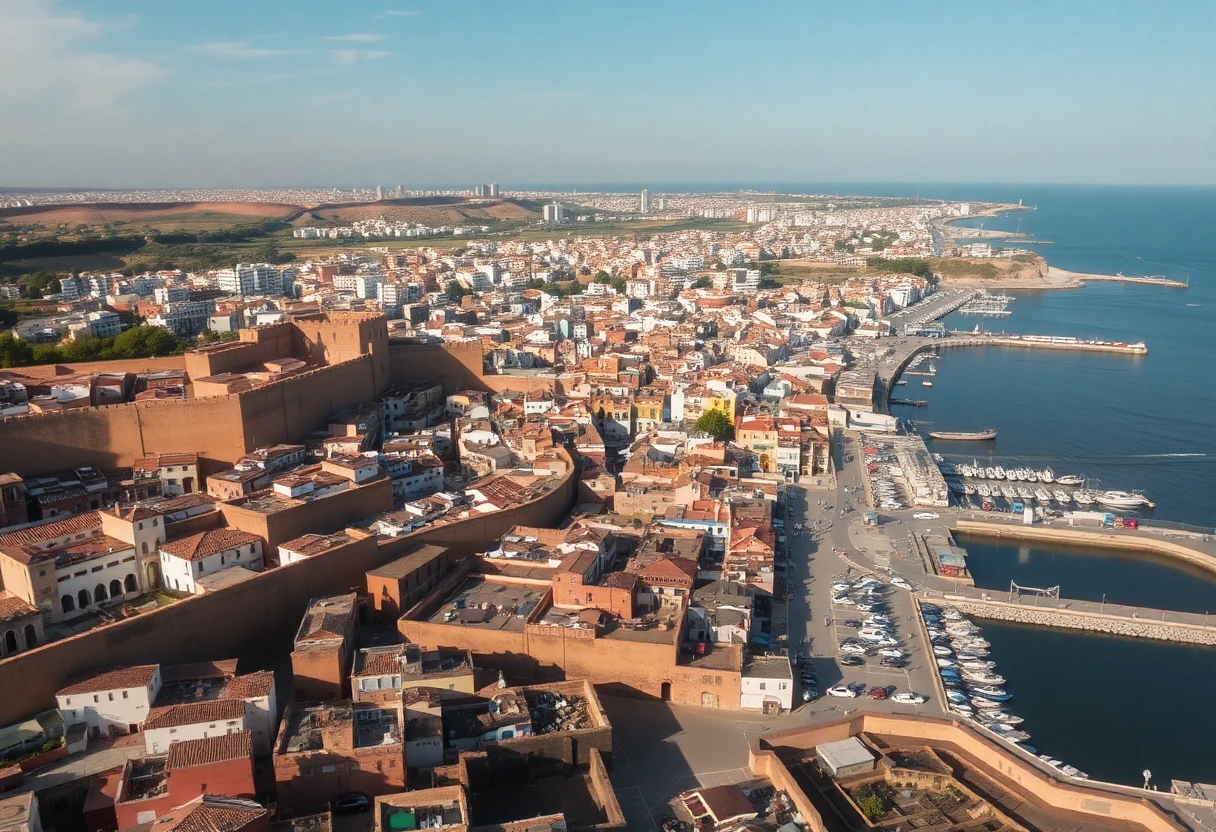 Vue aérienne d'Essaouira, montrant la médina et le port