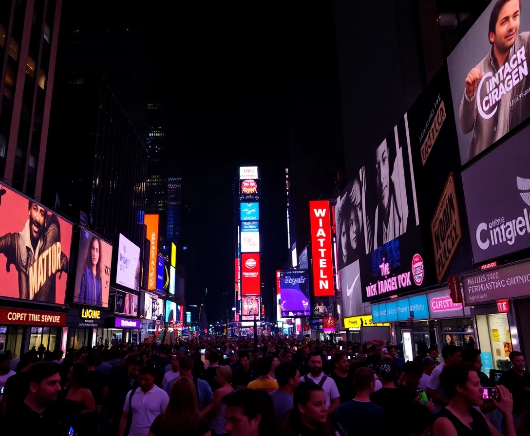 Times Square de nuit, néons et foule, photographie urbaine, 2023