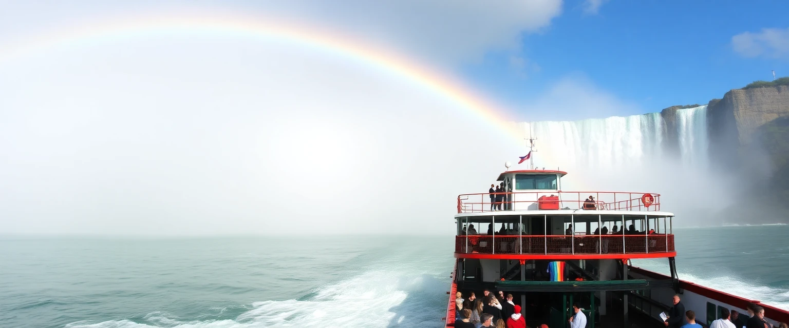 Bateau Maid of the Mist s'approchant des chutes du Niagara, brume et arc-en-ciel, photographie d'action, 2023