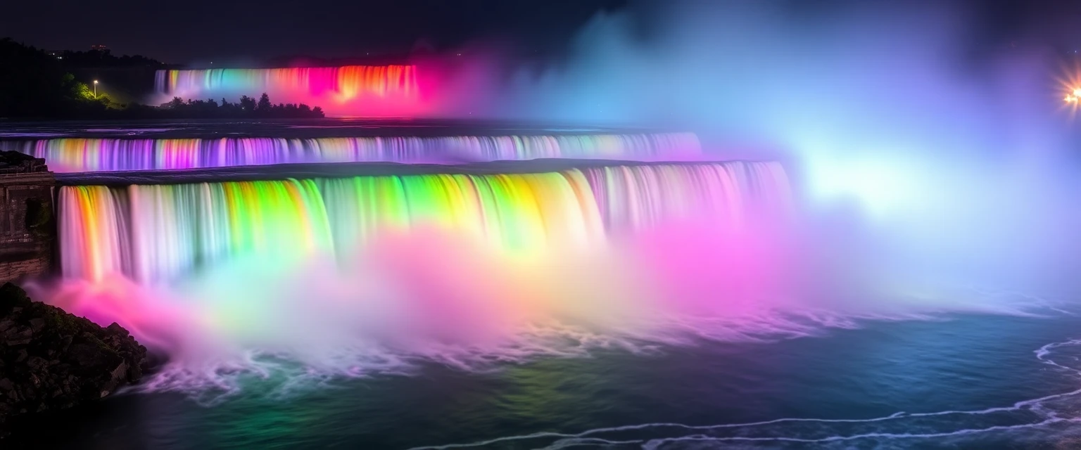 Chutes du Niagara illuminées de nuit, jeu de lumières multicolores, photographie nocturne, 2023