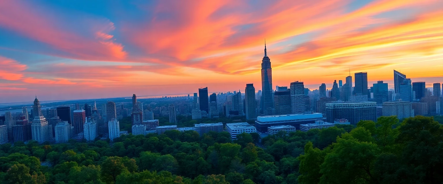 Skyline de New York au coucher du soleil, gratte-ciels et Central Park, photographie urbaine, 2023