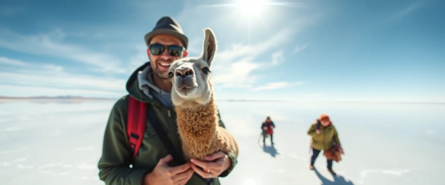 Photo humoristique jouant sur la perspective au Salar d'Uyuni, touriste semblant tenir un lama miniature, style comique, haute résolution