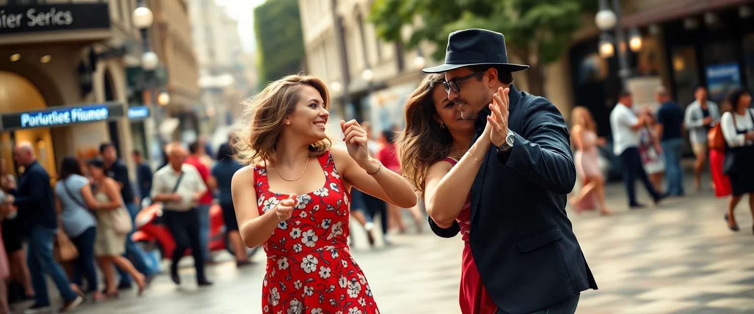 Couple de touristes tentant maladroitement de danser le tango à Buenos Aires, style comique, haute résolution