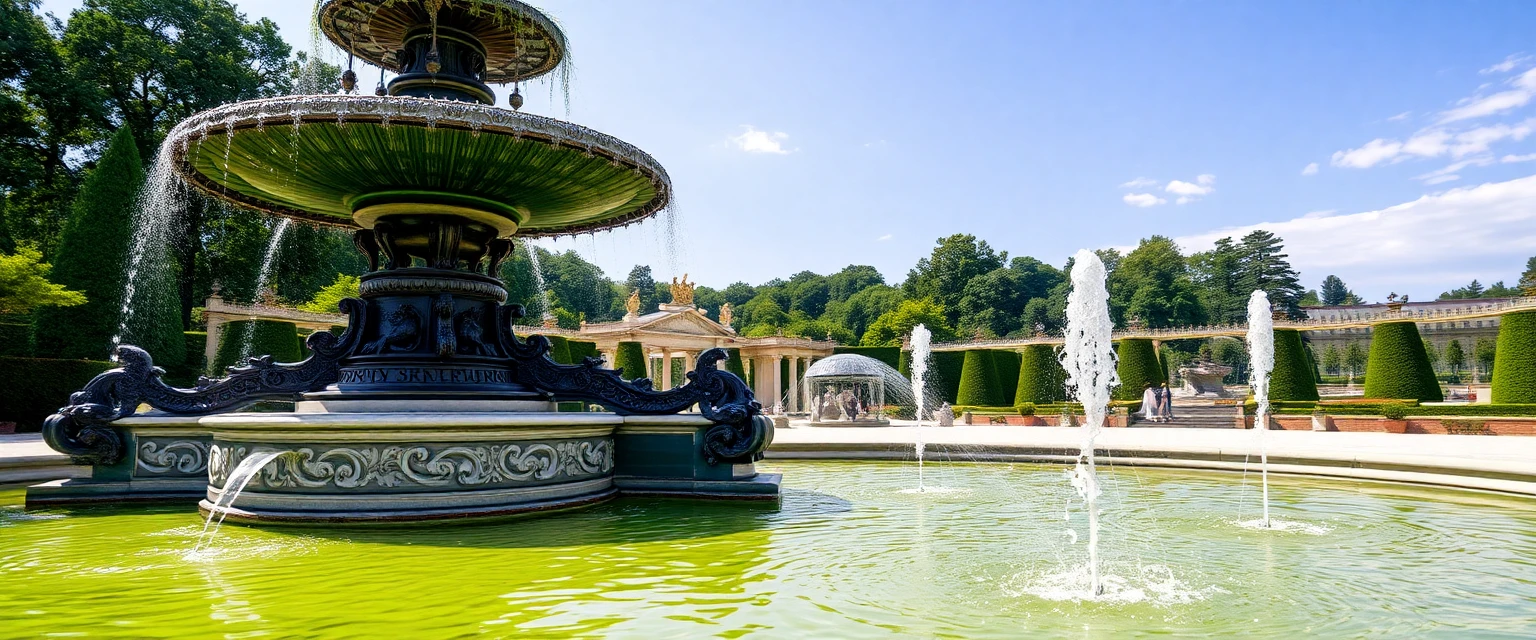 Fontaine ornementale dans les jardins de Versailles, style photo avec jet d'eau en action