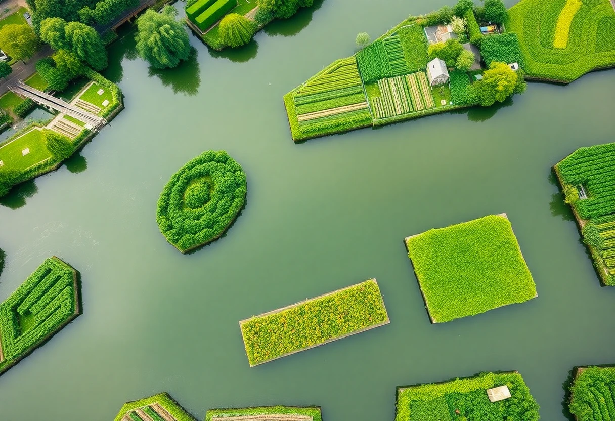 Vue aérienne des Hortillonnages d'Amiens, un patchwork de jardins flottants