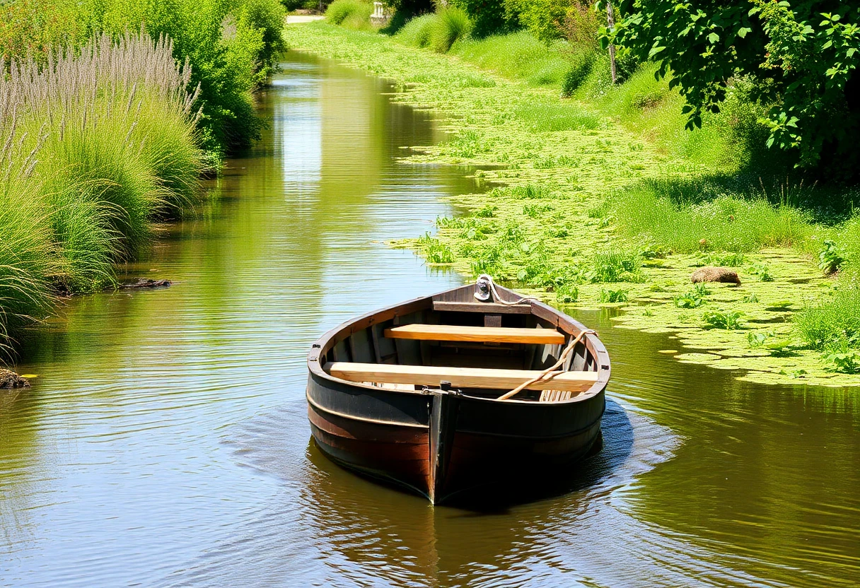 Barque traditionnelle naviguant dans les canaux des Hortillonnages d'Amiens