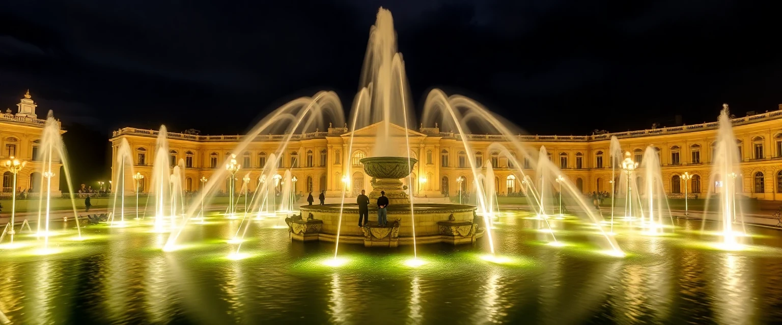 Spectacle nocturne des fontaines de Versailles, style photo longue exposition avec jeux de lumières