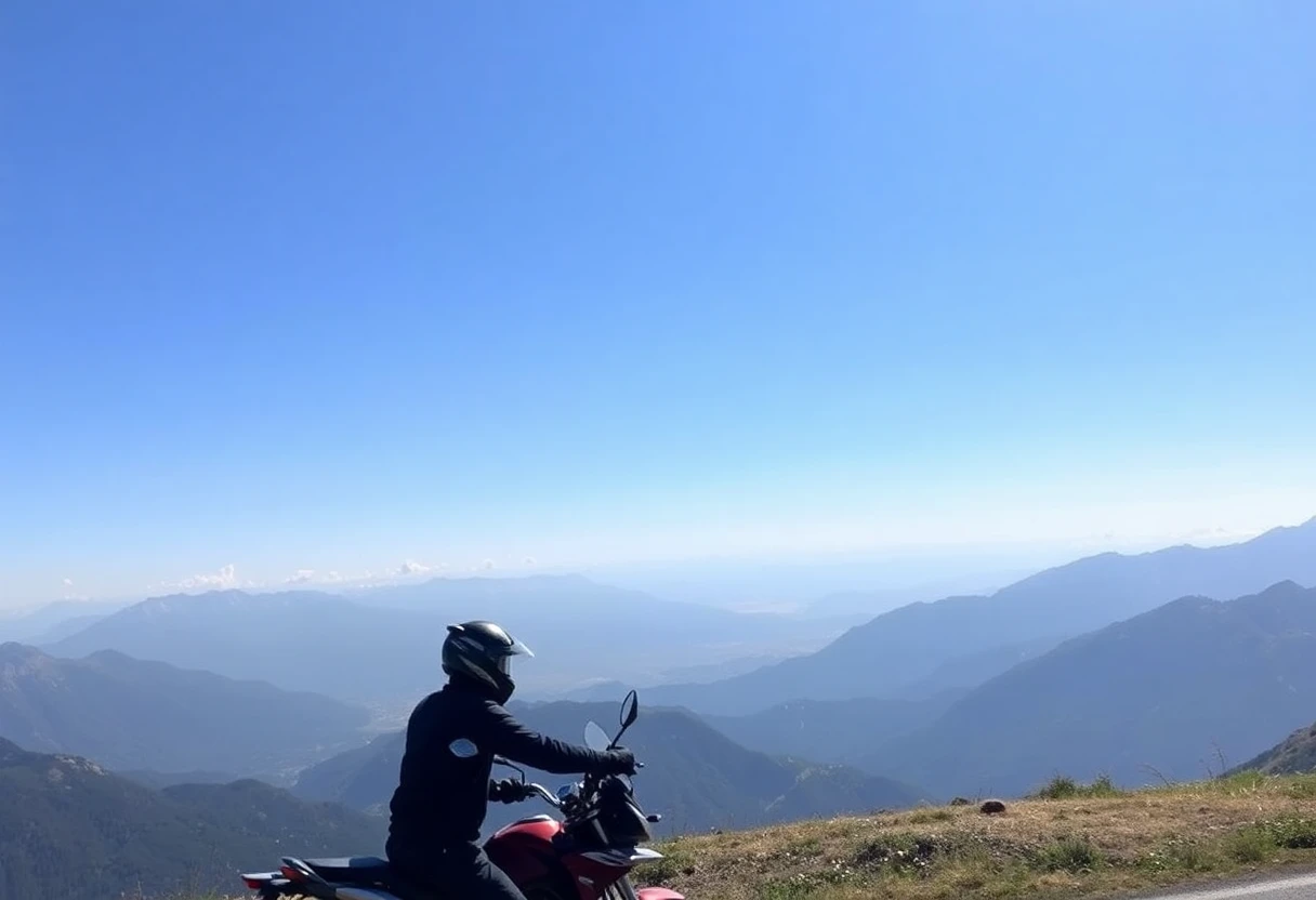 Vue panoramique de la Route des Grandes Alpes avec un motard au premier plan, style photographique