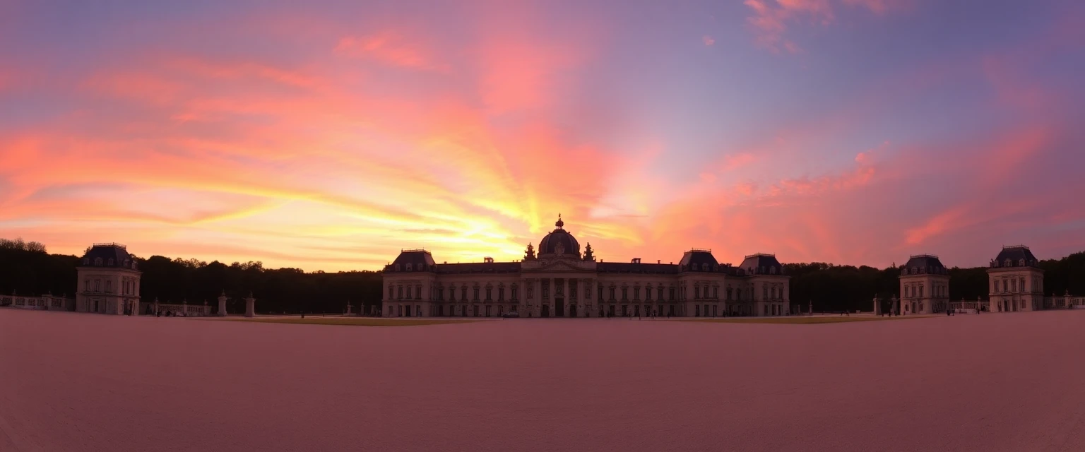 Coucher de soleil sur le château de Versailles, style photo panoramique avec ciel orangé