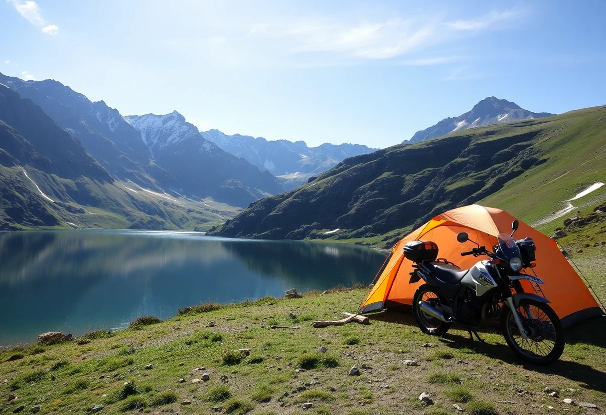 Tente de camping au bord d'un lac alpin avec une moto garée à proximité, style photographique