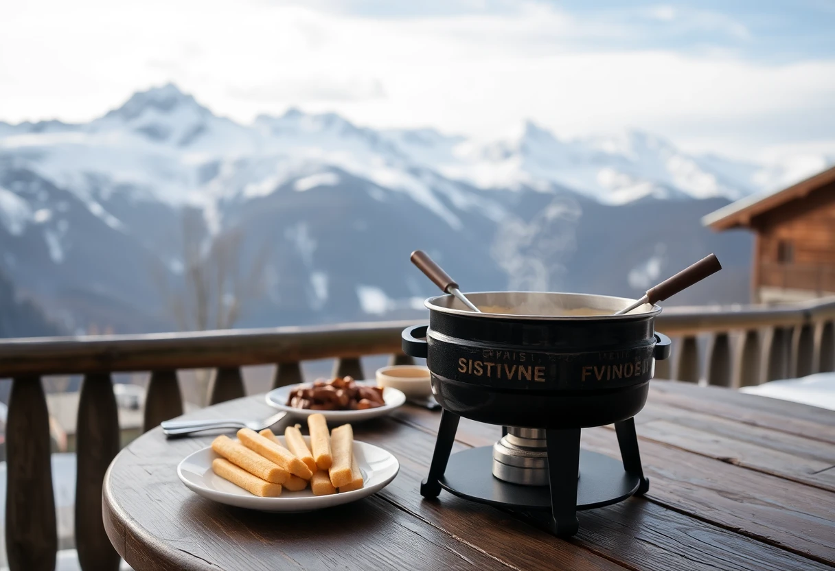 Table de restaurant avec fondue savoyarde et vue sur les montagnes, style photographique