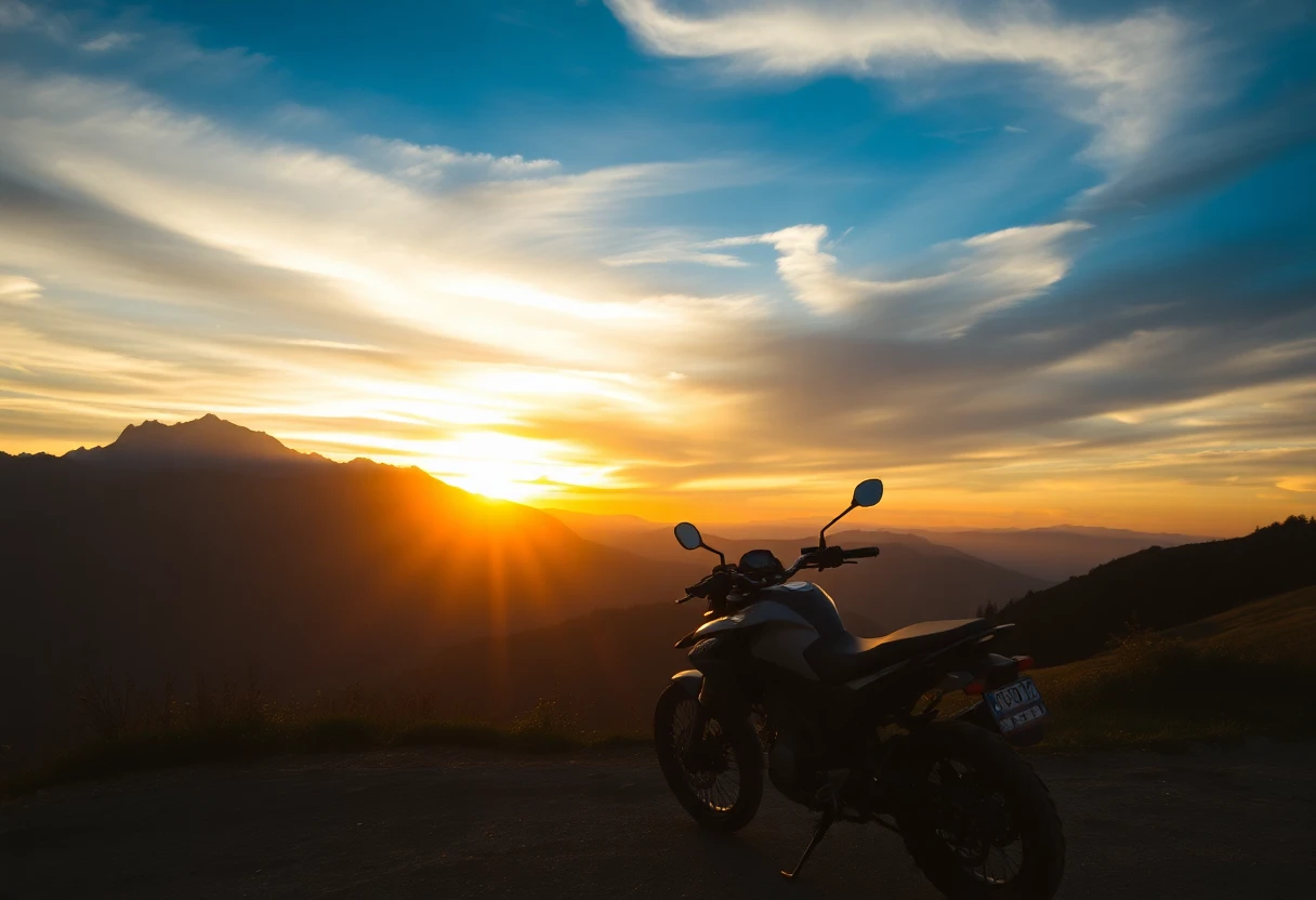 Coucher de soleil sur les Alpes avec une moto garée au premier plan, style photographique cinématographique