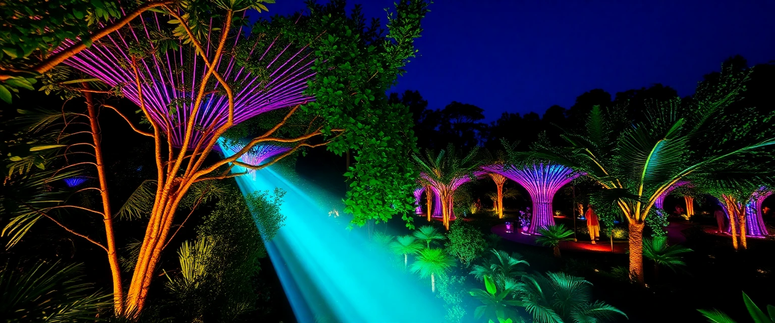 Spectacle nocturne à Terra Botanica, avec des lumières dansantes illuminant les arbres et les plantes