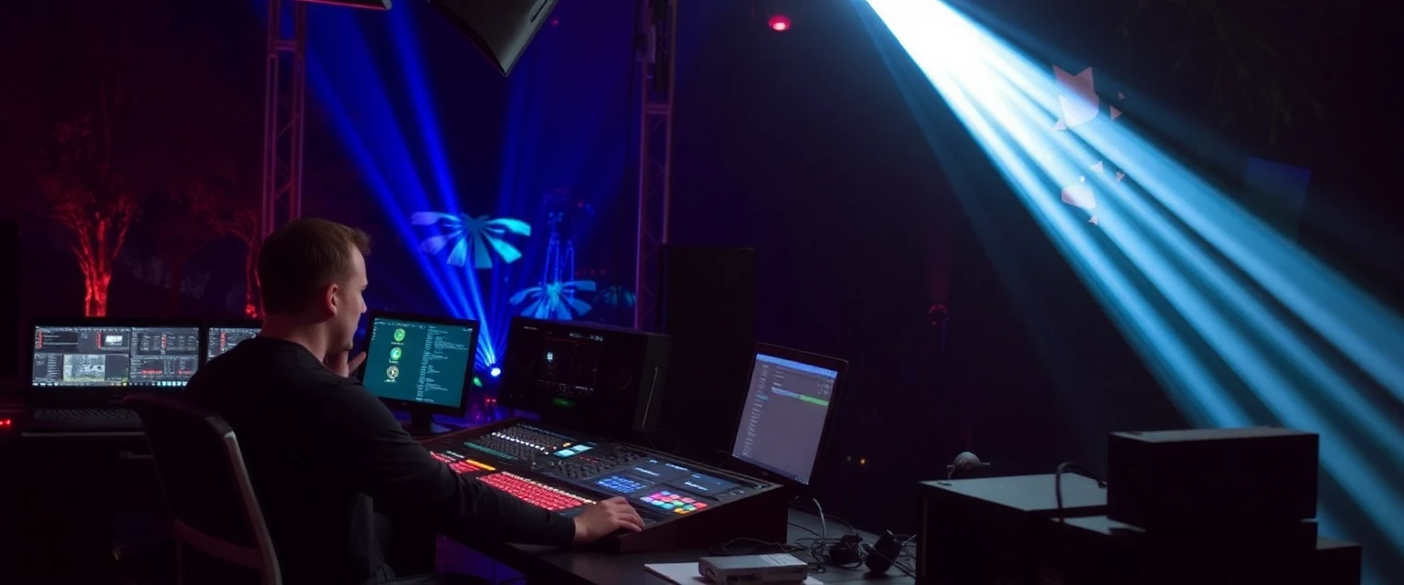 Techniciens travaillant en coulisses pour le spectacle nocturne de Terra Botanica, avec des consoles de contrôle et des projecteurs