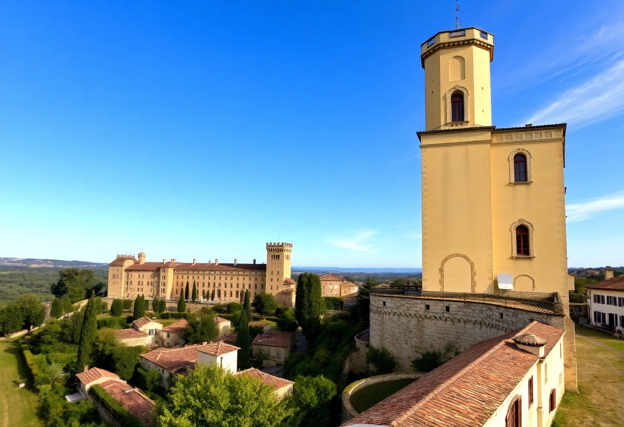 Le majestueux château de Grignan surplombant le village provençal, style Renaissance, ciel bleu