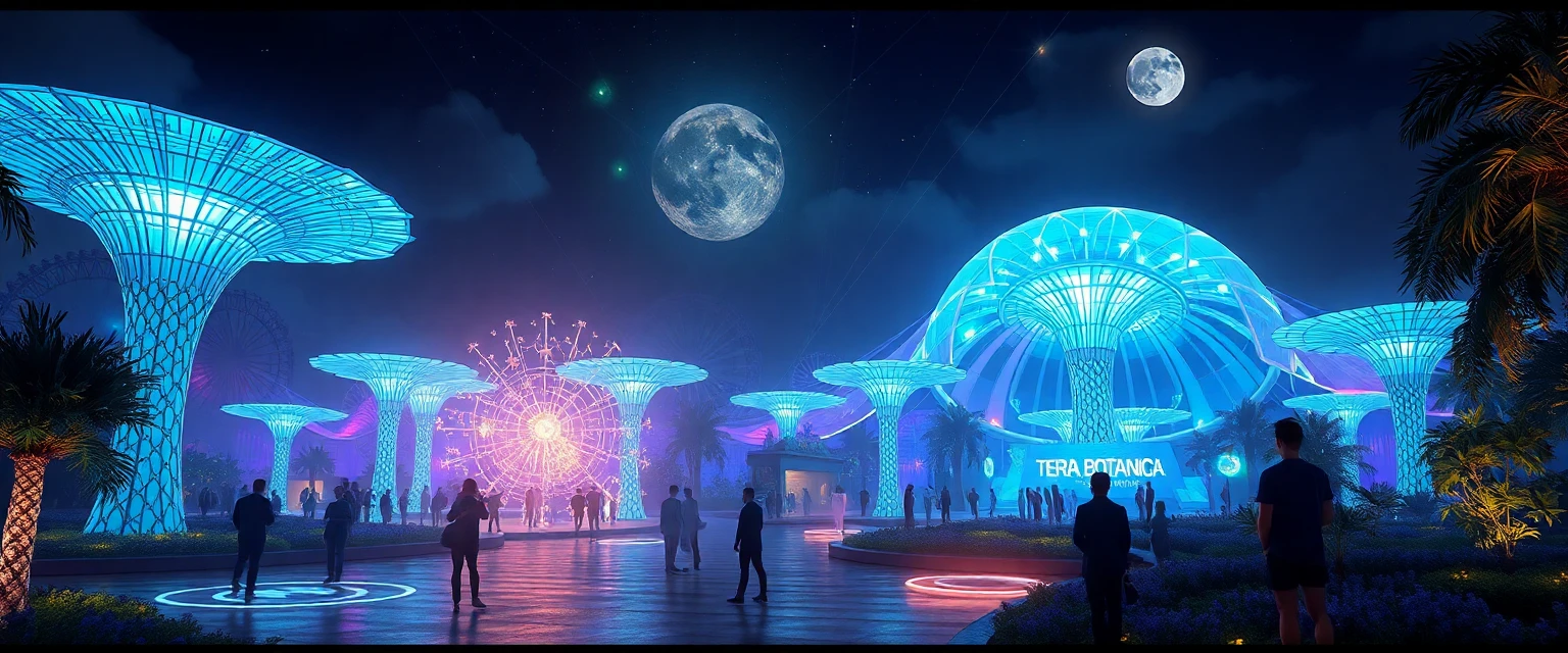 Concept futuriste du spectacle nocturne à Terra Botanica, avec des hologrammes et de la réalité augmentée