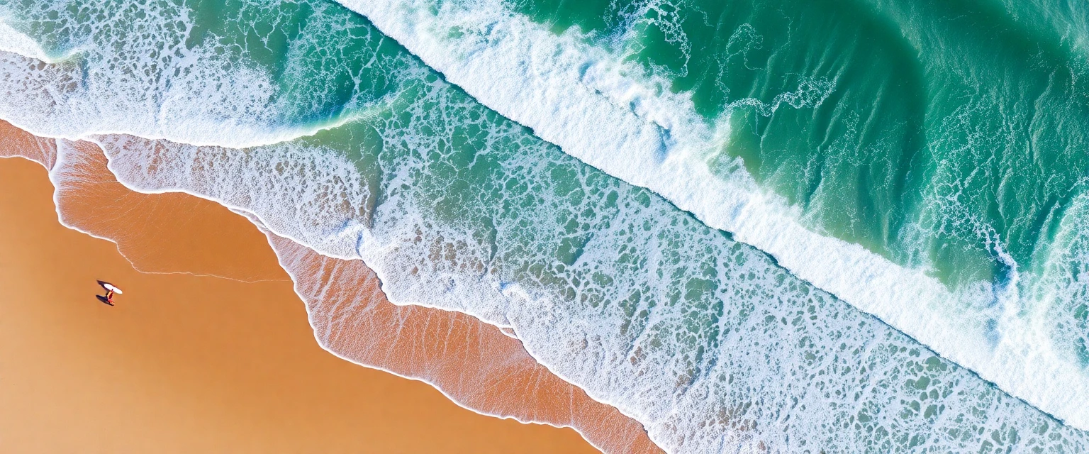 Vue aérienne de la Côte des Basques à Biarritz, montrant les surfeurs et les vagues, style photographie de drone