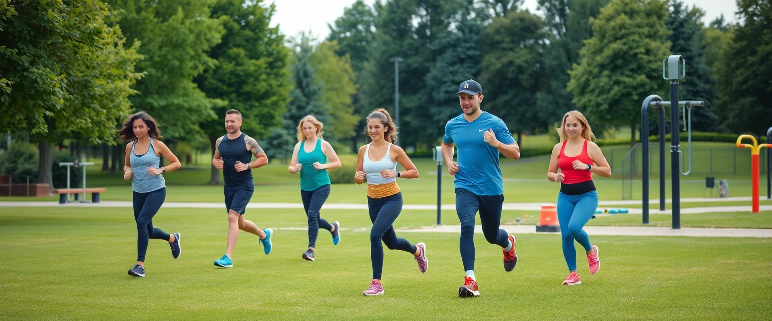 Parcours de santé du Parc Mazon à Biarritz, montrant des personnes faisant de l'exercice sur divers équipements dans un cadre verdoyant, style photographie de sport en plein air