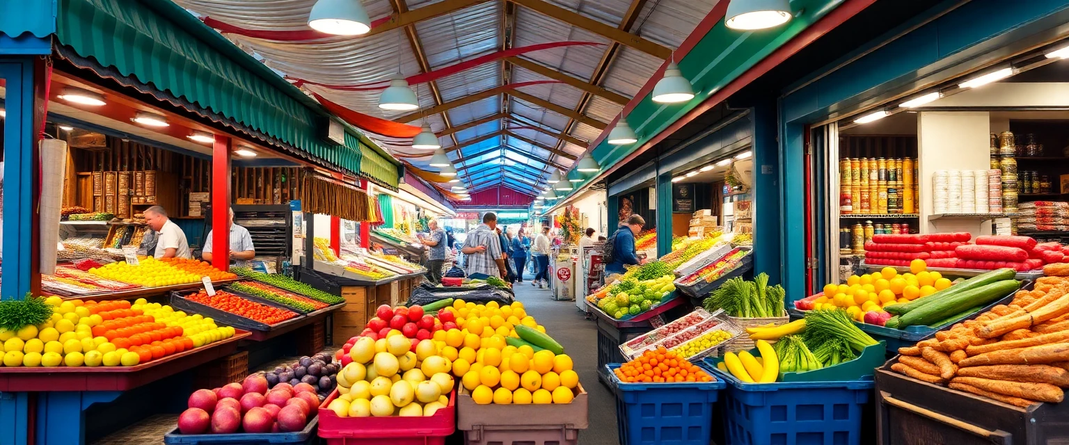 Intérieur des halles de Biarritz, montrant des étals colorés de fruits, légumes et produits locaux, style photographie culinaire