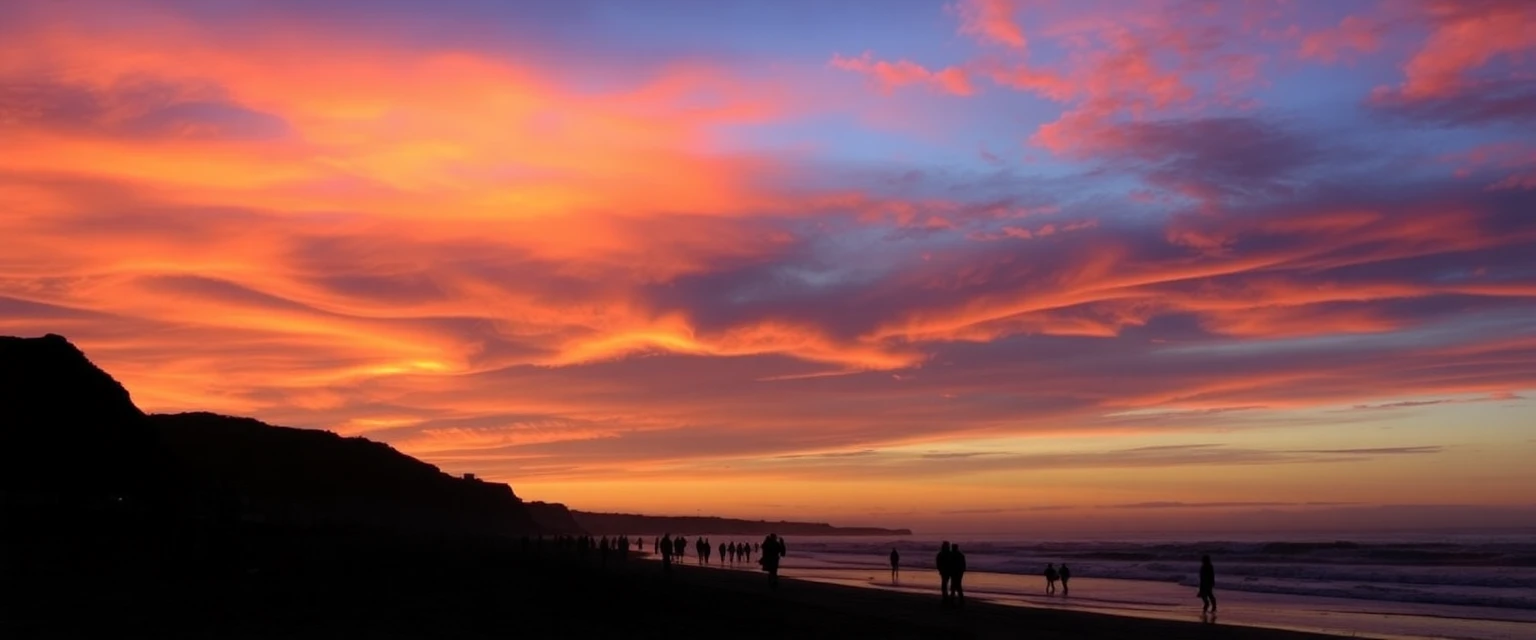 Coucher de soleil sur la plage de Biarritz, avec des silhouettes de personnes profitant de la vue, style photographie artistique