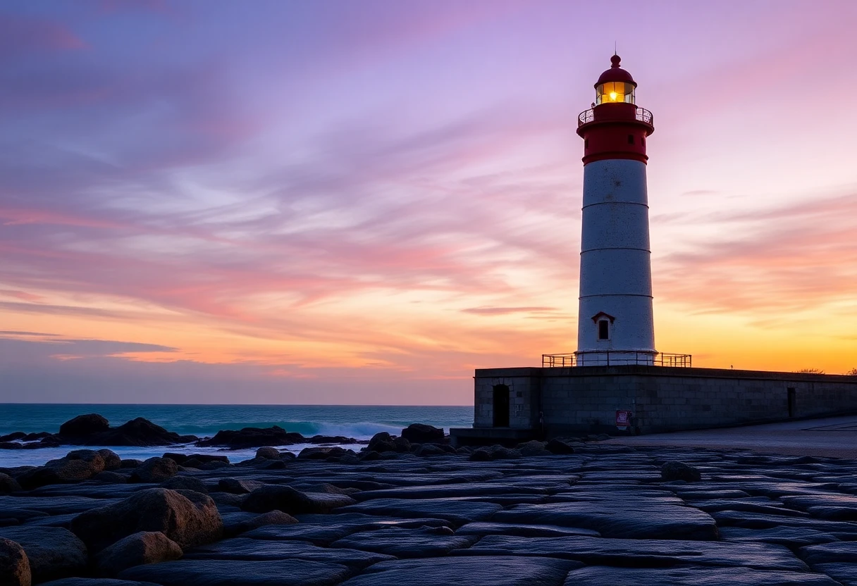 Le phare de Biarritz au coucher du soleil, style photographie romantique