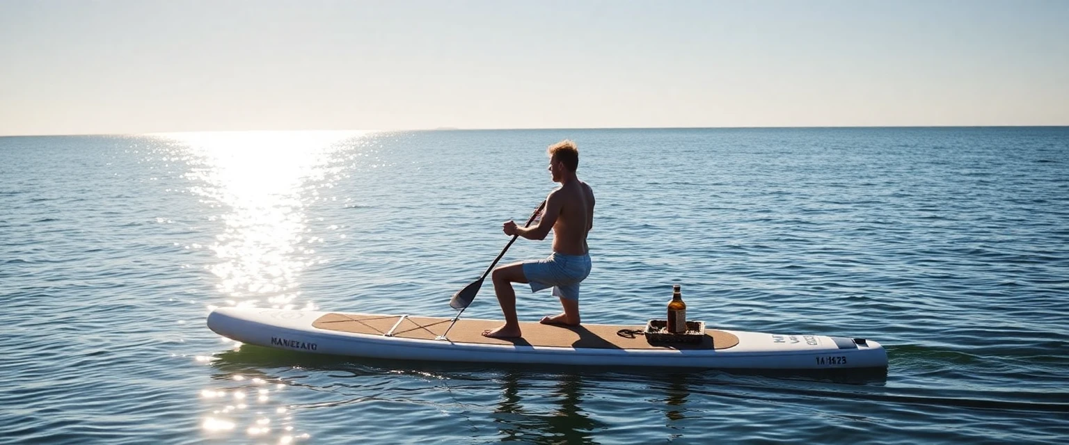 Couple prenant le petit-déjeuner sur une planche de paddle au large de Biarritz, style photographie lifestyle