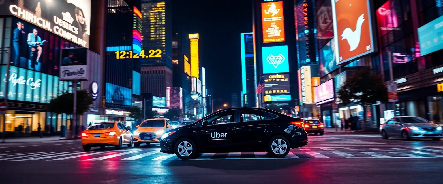 Voiture Uber circulant dans une ville animée la nuit