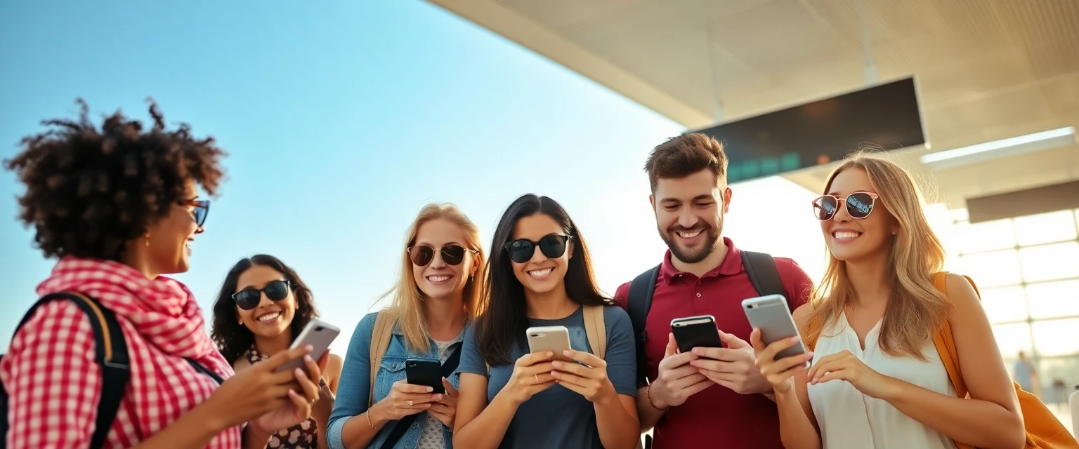 Groupe de voyageurs joyeux utilisant leurs smartphones dans un aéroport ensoleillé