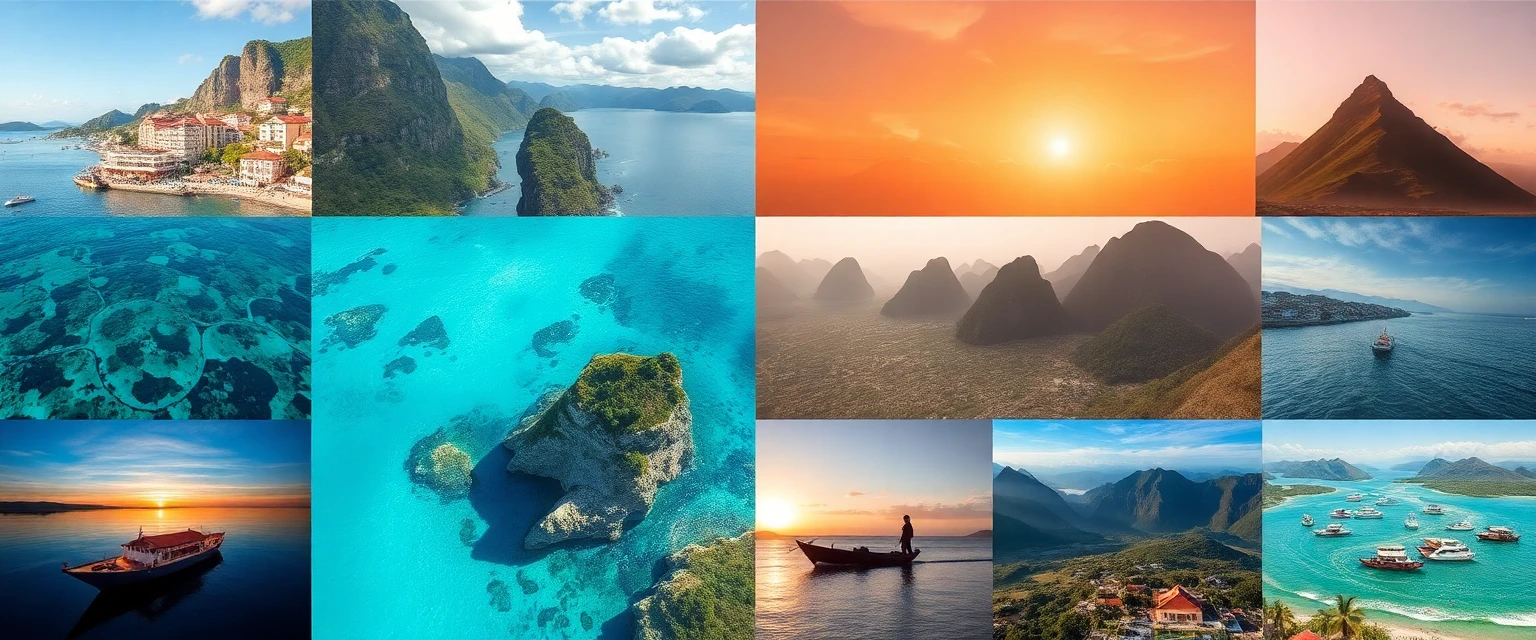 Collage de diverses destinations de voyage exotiques, style photographie de voyage Instagram