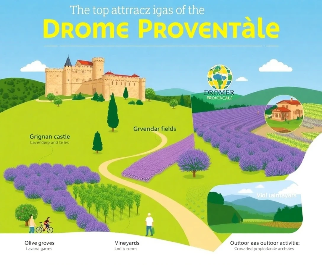 Infographie colorée présentant les attractions principales de la Drôme Provençale: château de Grignan, champs de lavande, oliveraies, vignobles et activités de plein air