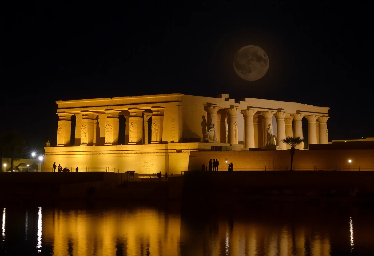 Le temple de Louxor illuminé la nuit, reflets dans le Nil au premier plan