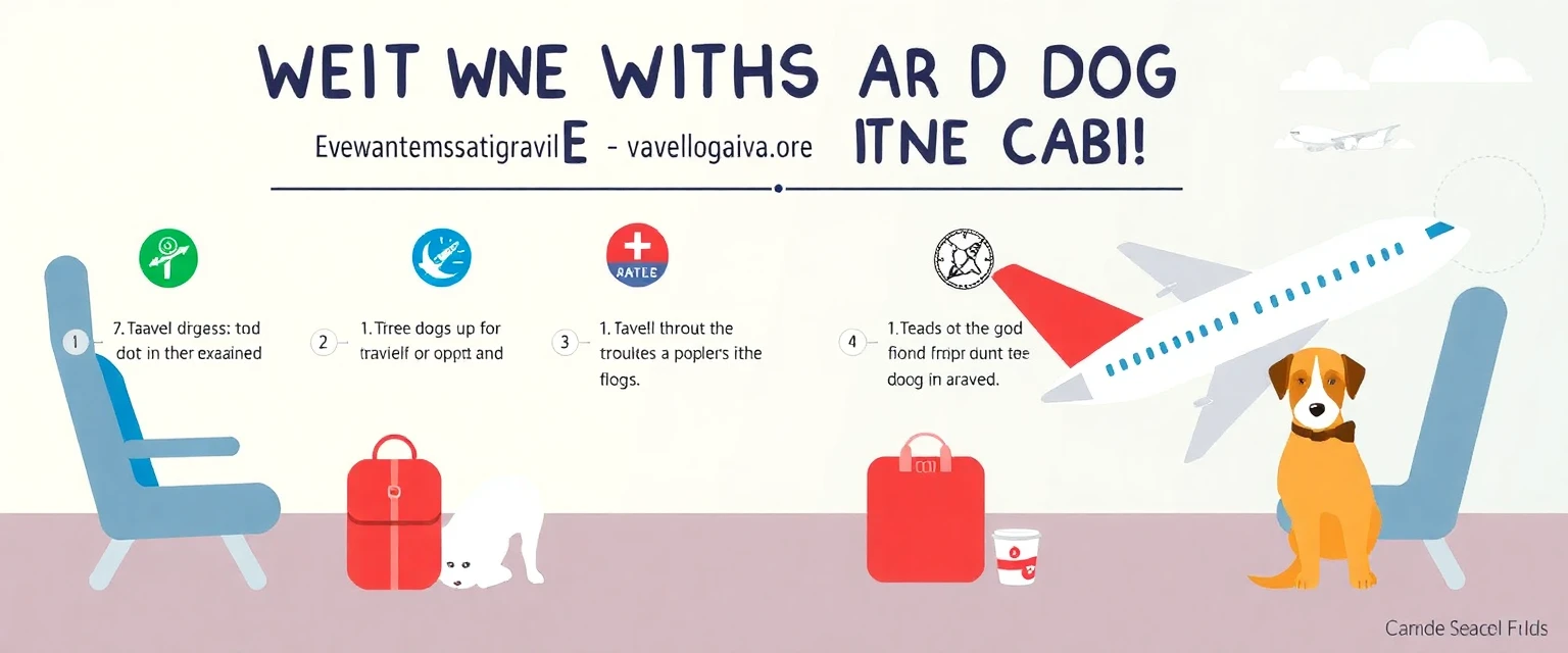 Infographie résumant les étapes clés pour voyager en avion avec un chien en cabine, design coloré et ludique