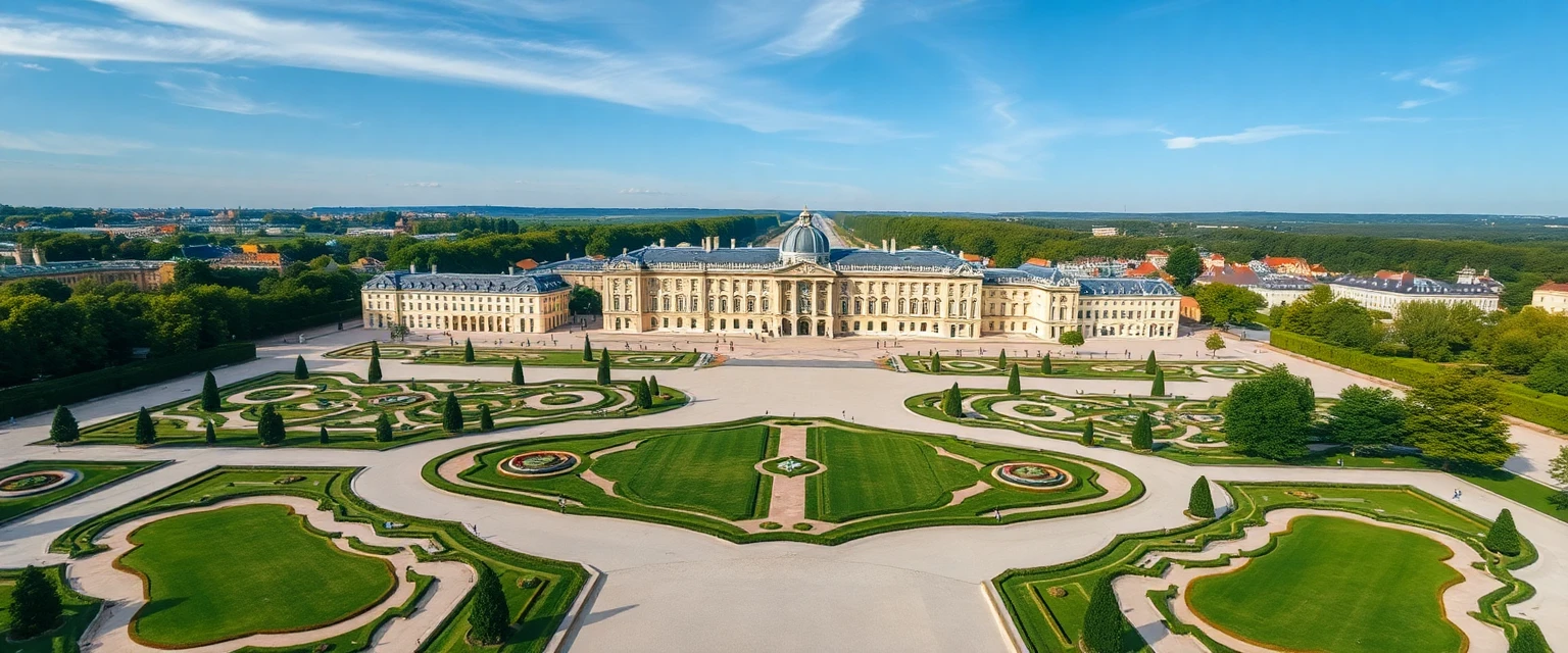 Vue aérienne du château de Versailles et ses jardins, style photo drone haute résolution