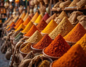 Étal d'épices colorées dans les souks de Marrakech